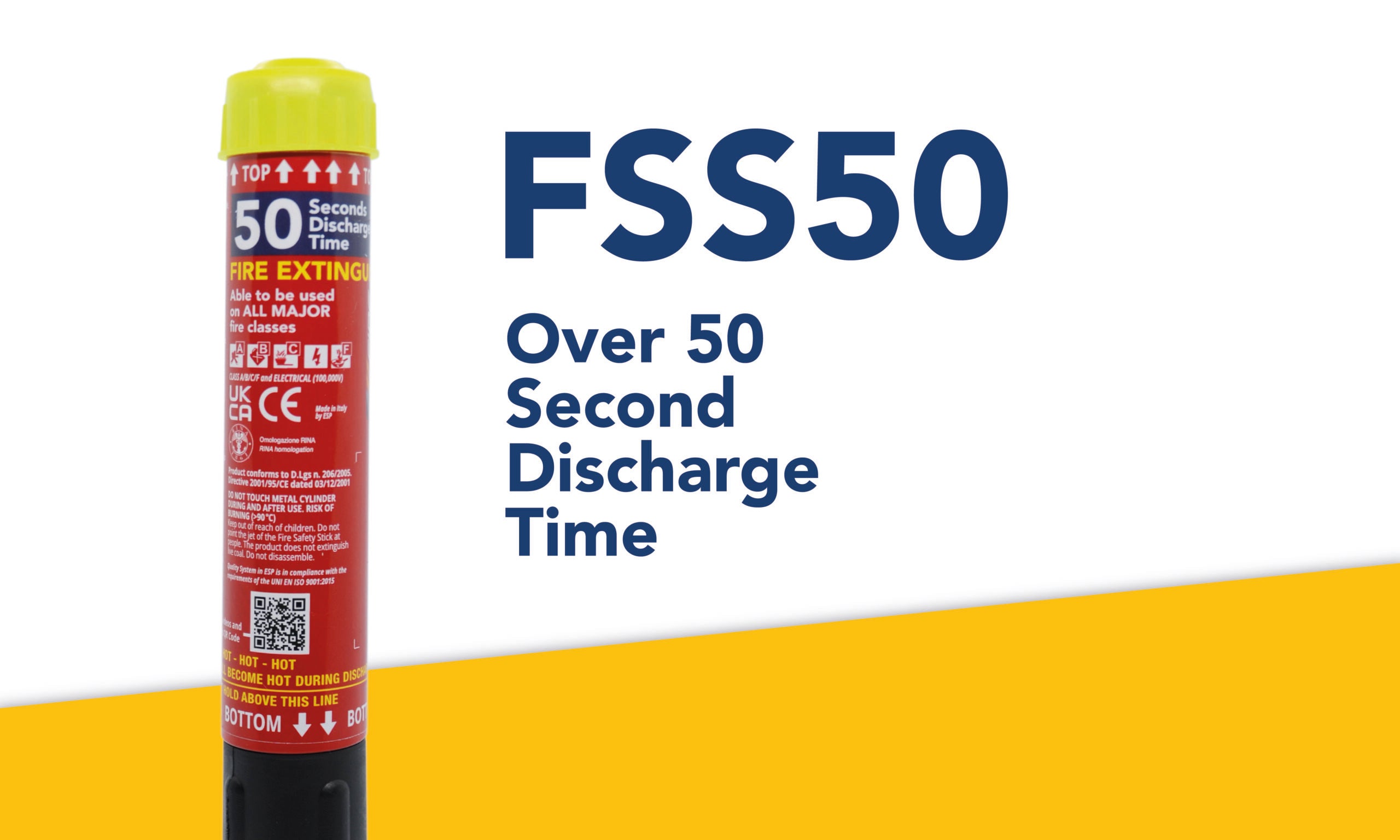 Fire extinguisher with 'FSS50' text on a white and orange background