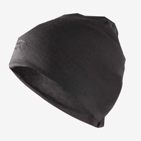 Jerven Merino wool beanie in phantom grey front view with logo visible