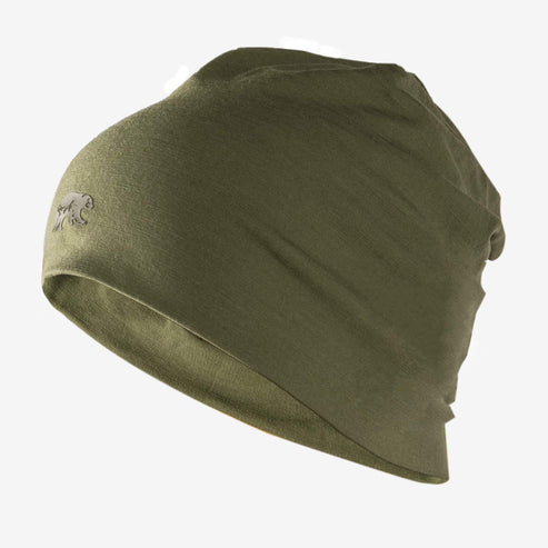 The Jerven Merino Wool Beanie in cypress green front view with logo visible